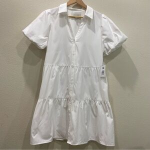 NWT Brochu Walker Havana Mini Dress White Tiered Puff Sleeve Button Front Large